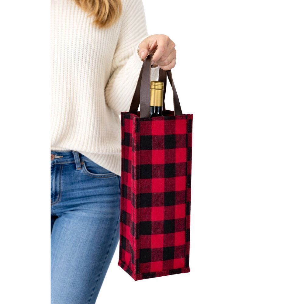Farmhouse Buffalo Check Flannel Wine Bottle Gift Tote Faux Leather Handle